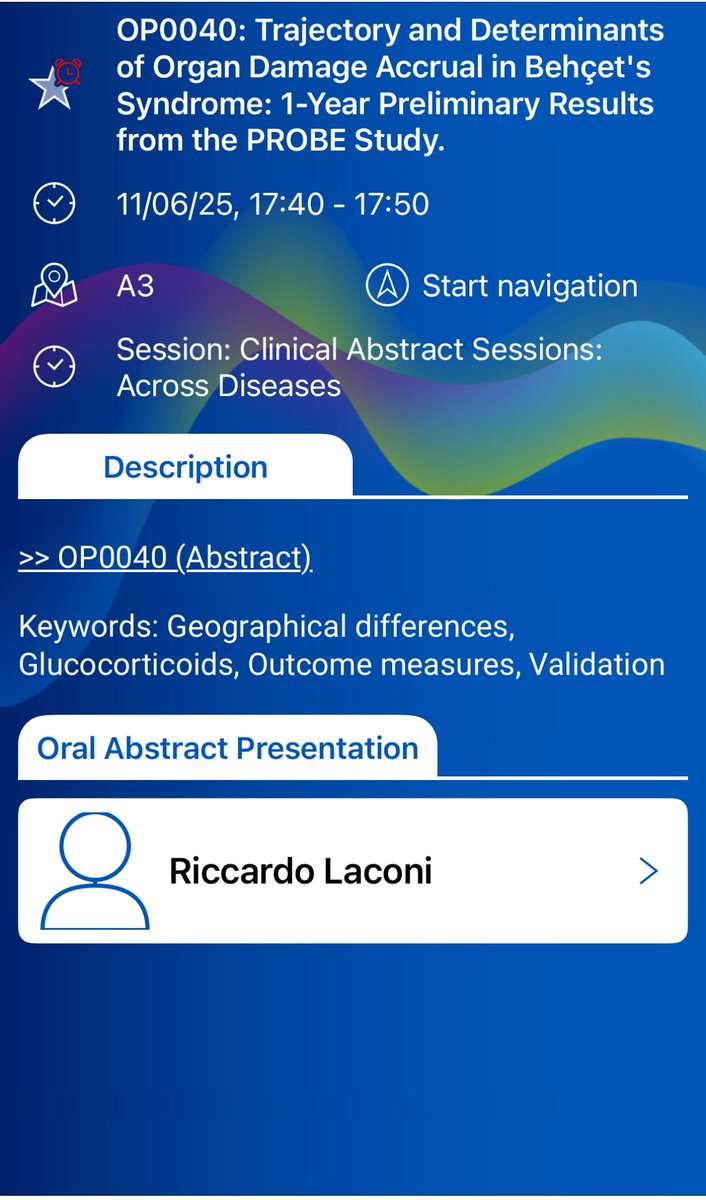 elisabetta chessa (@elis_chessa) on Twitter photo 🎬#EULAR2025 in Barcelona has just started!
And we started with the 1-year results from the PROBE study in #behcetsyndrome <a href="/RMD_clinic/">Matteo Piga</a> 🎬#EULAR2025 in Barcelona has just started!
And we started with the 1-year results from the PROBE study in #behcetsyndrome <a href="/RMD_clinic/">Matteo Piga</a>