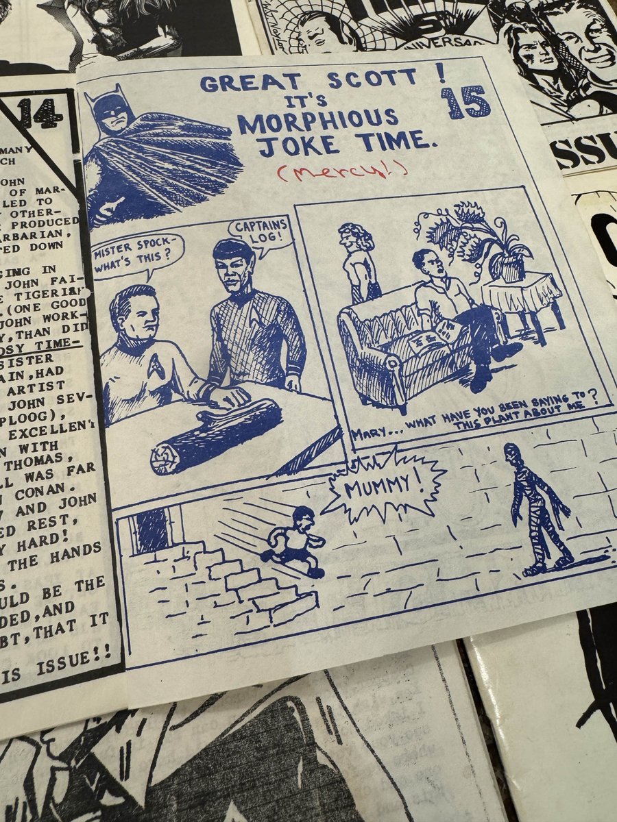 S: Nous avons reçu un lot rare et curieux ! Un stock de fanzines anglophones datant des années 70.
On y retrouve des analyses de comptoir d’auteurs et de comics, des listings de sorties...
Une fabuleuse plongée dans le cœur des fans de l’époque où twitter n’existait pas !