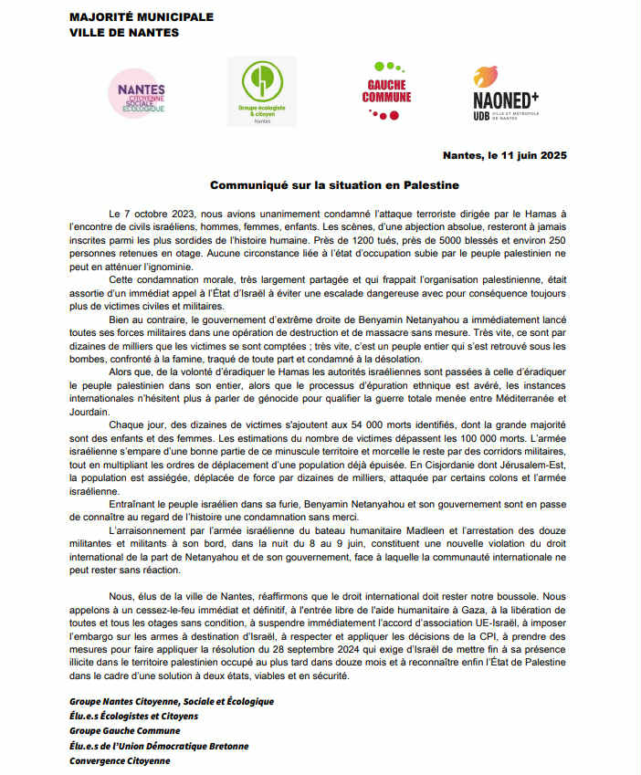 💬 Sur proposition des élus communistes et div. gauche et face à l’escalade meurtrière en Palestine, les élus majoritaires de #Nantes réaffirment leur attachement au droit intnl.
👉 Cessez-le-feu immédiat
👉 Levée du blocus de #Gaza
👉 Reconnaissance de l’État de #Palestine