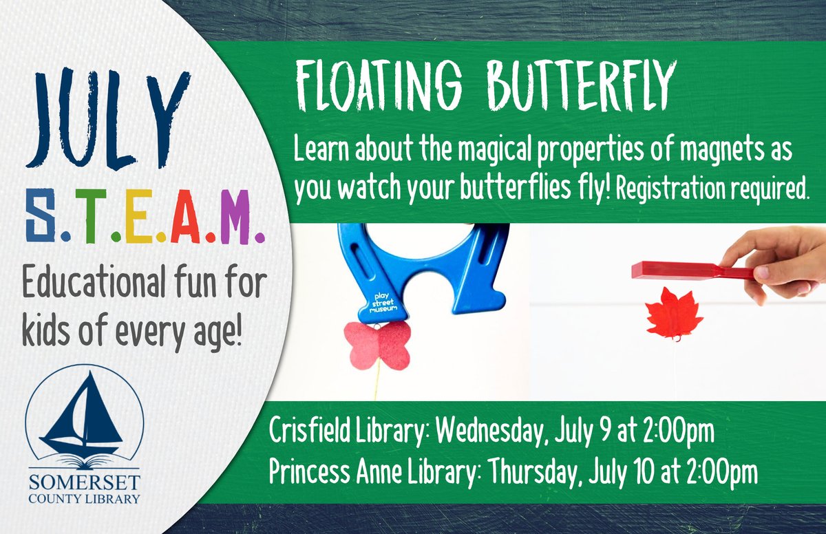 SomersetCounty1's tweet image. 💥 Make these butterflies fly using science! For kids of all ages, registration required, call or stop by to sign up. ⚙️ Don't forget, our Summer STEAM is at 2:00pm!
Crisfield Library: 410-968-0955
Princess Anne: 410-651-0852
#stem #librarystem