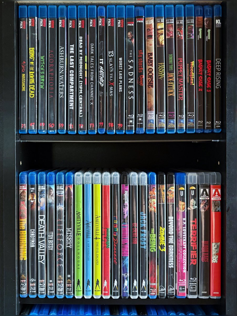 PhysMediaHQ's tweet image. Spinning media tower in my tiny house! Fits around 600 Blu-rays. SF, VS &amp;amp; Horror Pack faves. Baby Oopsie, The Sadness, Puppet Master &amp;amp; Bunny the Killer Thing. Which one is your fave? #BluRayCollection #HorrorMovies #TinyHouse #HorrorFlix #BDRocks