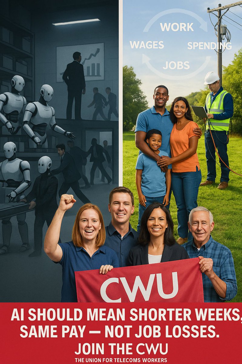 CWU_SET's tweet photo. AI should power a circular economy—where productivity gains benefit workers, not just profit.

That means shorter working weeks, not job cuts.

CWU members in telecoms are standing up for a fairer future.

#CWU #CircularEconomy #AI #Telecoms #UnionStrong #CWUAI https://t.co/MVsvOArgrj