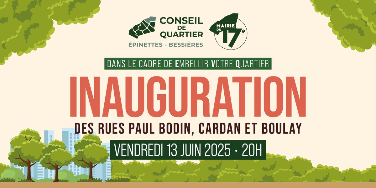 Ce Vendredi 13 juin, rejoignez-nous à 20h à l’angle des rues Paul Bodin et Cardan ! 📍🎉

Un événement à partager avec les habitants, les élus et les partenaires locaux. 🤝

#Paris17 #Inauguration