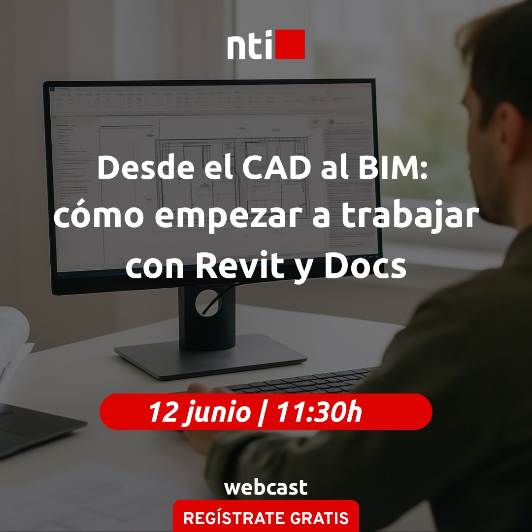 ¿Del CAD al BIM? 
Empieza con buen pie usando Revit y Docs. 
Te lo explicamos el 12 de junio a las 11:30h. 
📍 Webcast Online y gratuito 
🎯 Regístrate: f.mtr.cool/idlnqwxyll 
#ImplantaciónBIM #TransformaciónDigital #AEC #NTISpain #NTIGroup #BIM #NTIExperienceAEC