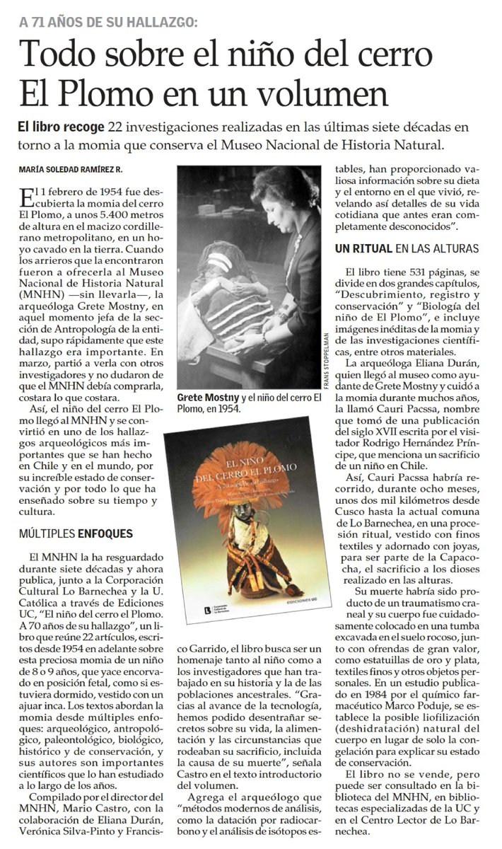 Museo Nacional de Historia Natural (@mnhncl) on Twitter photo Hoy en El Mercurio, nota sobre el libro 📚 del momento, "El niño del cerro El Plomo 🧒🏻🗻, compilado por nuestro director, Mario Castro. Un volumen de <a href="/edicionesuc/">Ediciones UC</a>, en conjunto con la Corporación Cultural de Lo Barnechea. Hoy en El Mercurio, nota sobre el libro 📚 del momento, "El niño del cerro El Plomo 🧒🏻🗻, compilado por nuestro director, Mario Castro. Un volumen de <a href="/edicionesuc/">Ediciones UC</a>, en conjunto con la Corporación Cultural de Lo Barnechea.
