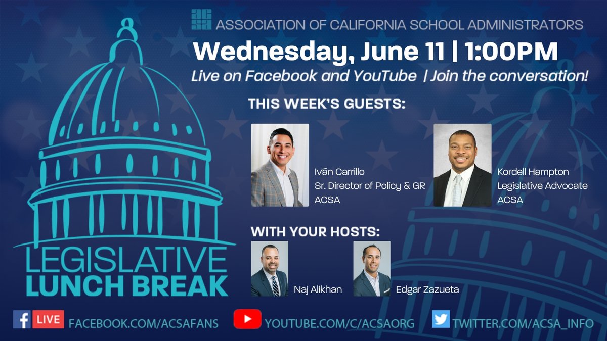 ACSA_info's tweet image. AT 1 PM TODAY: On Legislative Lunch Break we&apos;ll hear the latest from the state Capitol &amp;amp; discuss why this next week is so important to follow when it comes to funding public education in California. Join the chat and ask your questions! youtube.com/watch?v=TnEIi8…