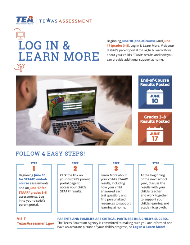 LosFresnosCISD's tweet image. EOC and STAAR results will be posted beginning this week.
🗓️ EOC results will be available June 10
🗓️STAAR results for grades 3–8 will be released June 17. Follow the directions below or visit TexasAssessment.gov to log in and learn more about your child’s scores.