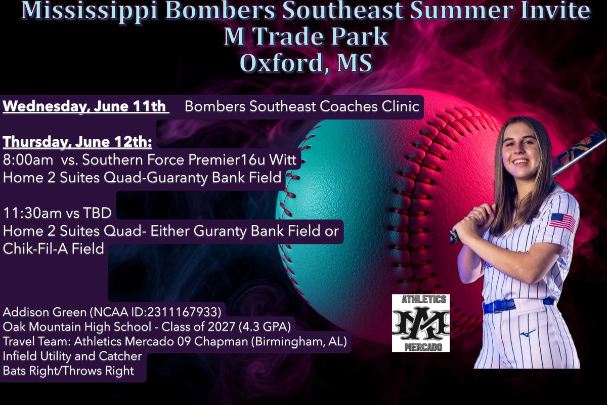 agsoftball98's tweet image. Here is my schedule this week through Thursday for the Mississippi Bombers Southeast Invite in Oxford, Mississippi. I will send an update after we play our first two games on Thursday. I will be attending the Coaches Game Clinic tonight and hope to see all of you there!! #SEI2025…