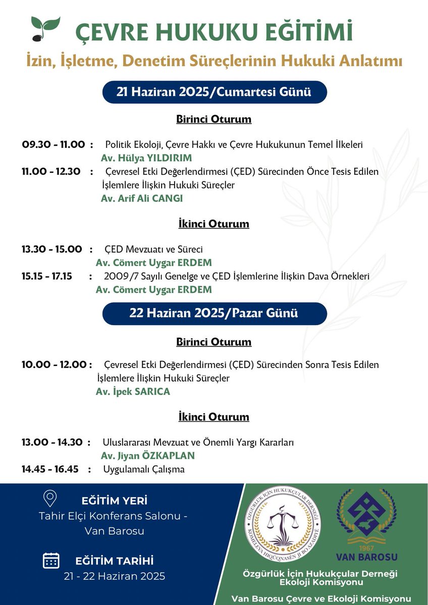 Bi hevpariya Komîsyona Ekolojiyê ya OHDê û Komîsyona Hawirdor û Ekolojiyê ya Baroya Wanê, Perwerdehiya Hiqûqa Hawirdorê dê di 21-22ê Hezîrana 2025an de li Salona Konferansê ya Tahir Elçi ya Baroya Wanê bê lidarxistin.

Em li benda tevlîbûna hemî endam û hevpîşeyên me ne.

Hûn