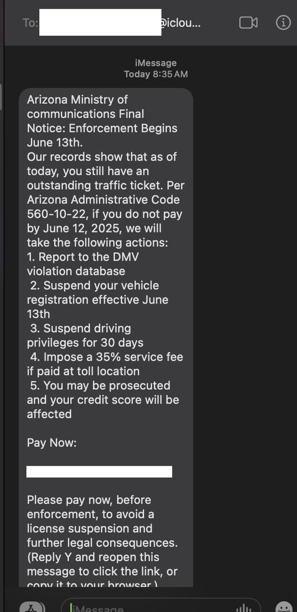 JerodMacEvoy's tweet photo. The "Arizona Ministry of Communications" sure is a new one. If you get a text from the "Arizona Ministry of Communications" from an iCloud email account, you should ignore it. Also, that admin code isn't even for that. We also don't have tolls. So many red flags https://t.co/bipGdOEoR5