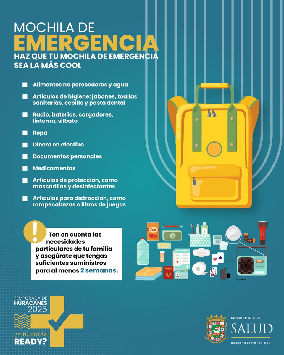 desaludpr's tweet image. ¿Y tú, estas ready? Preparar una mochila de emergencia con todo lo necesario para tu familia puede hacer la diferencia en una situación de emergencia. ¡Recuerda, la prevención es clave! 

Visita salud.pr.gov/preparate.

#TemporadaDeHuracanes2025 #EstásReady