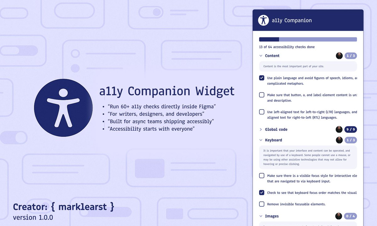 marklearst's tweet image. ♿️ Just shipped: a11y Companion for Figma!

Manual accessibility tracking shouldn’t slow teams down.  This widget brings the full @A11YProject checklist into Figma:

60+ checks, async-ready
Team facepile (see who checked what)
Plain-language WCAG refs &amp;amp; tooltips
Free, open…
