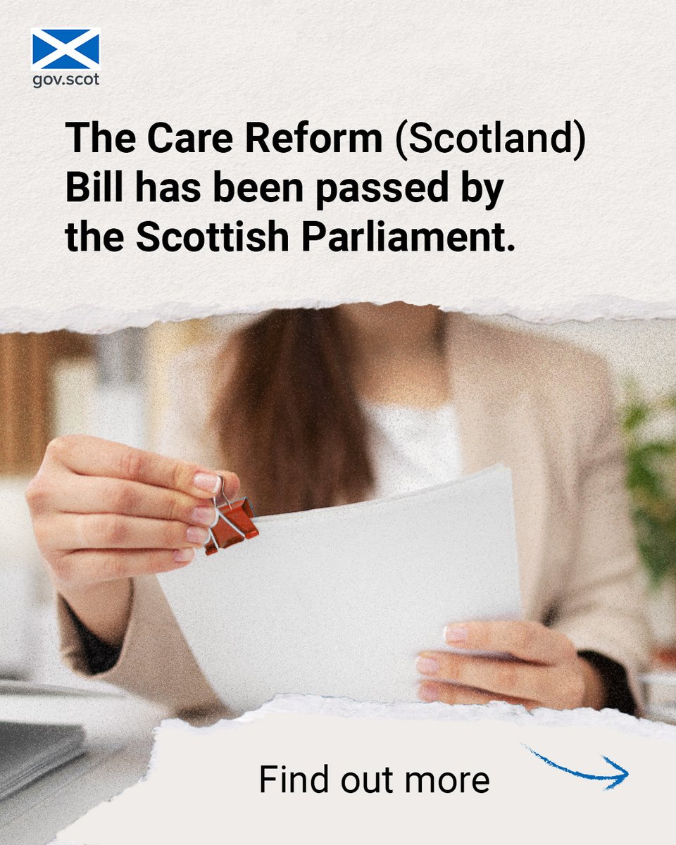 The Care Reform (Scotland) Bill has been approved by the Scottish Parliament.

This will transform social care for more than 200,000 people with lived experience in Scotland.

Find out more: gov.scot/news/care-refo…