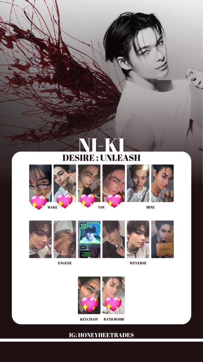 mxmx_116's tweet photo. enhypen トレカ　交換
desire:unleash タワレコ　weverse
#ENHYPEN 

譲】1枚目 ヒスン、ジェイ、ジェイク、ソンフン、ソヌ、ジョンウォン、ニキ

求】 ニキ  (orジョンウォン) 2.3枚目💖

郵送or味の素スタジアム手渡し
同種希望ですが、異種でも種類によって可能です！
お気軽にお声掛けください🙇‍♀️ https://t.co/ekvr5i4NNT