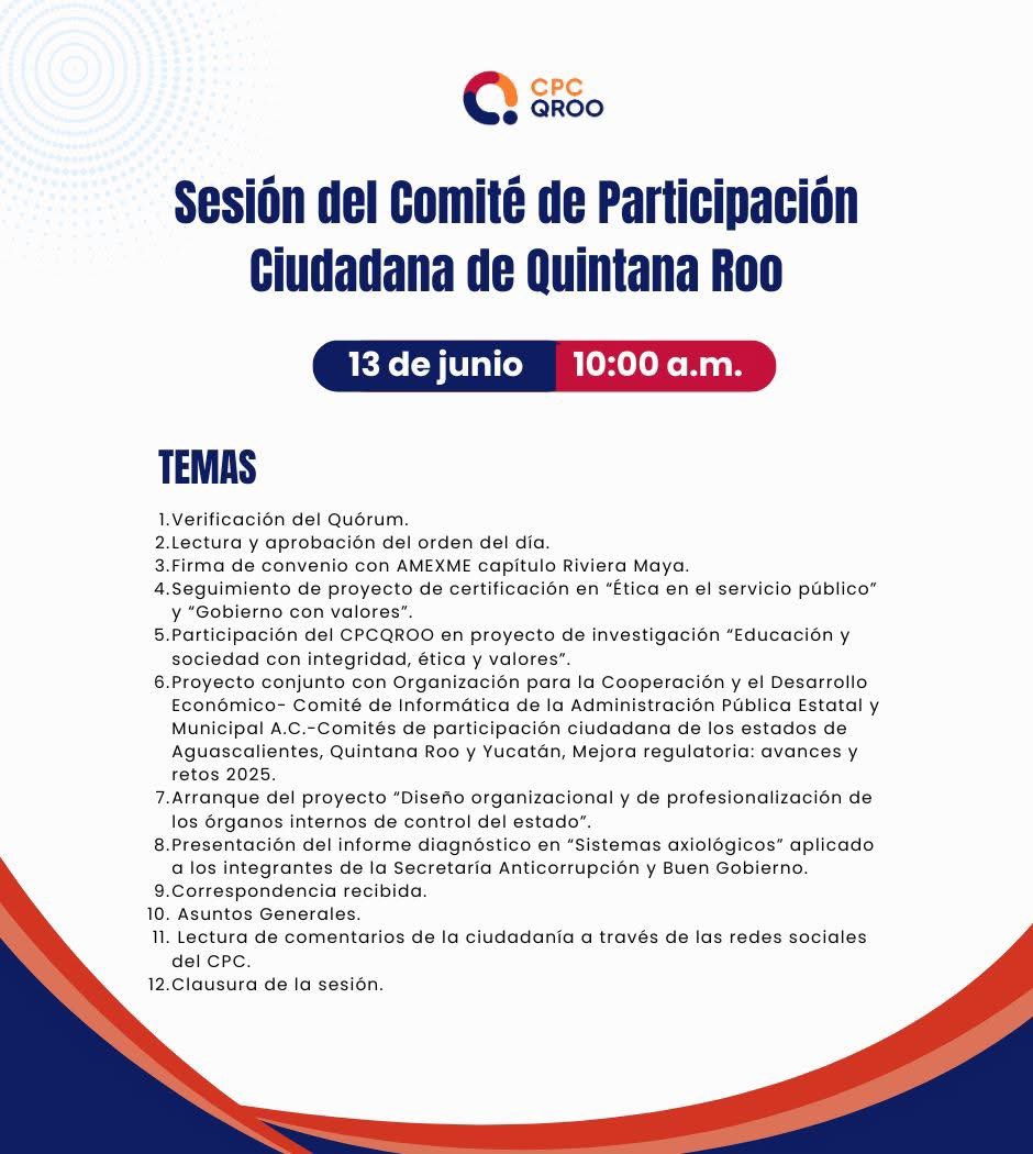 🚨Sigue la sesión ordinaria del Comité de Participación Ciudadana de Quintana Roo🚨

📆 viernes 13 de junio 2025

⏰ 10:00 Hrs. QRoo.

🔗Canal de You Tube del CPC: youtube.com/@CPCQRoo