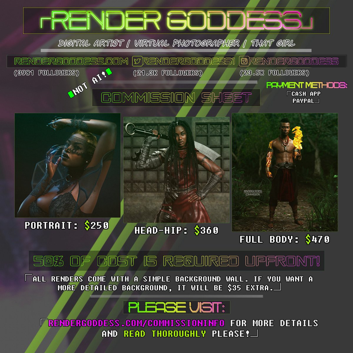 Getting followers off my recent post so here’s my About Me and commission cards. 💋

🔸Links:
RenderGoddess.com
IG: Instagram.com/rendergoddess
Prints: INPRNT.com/gallery/render…
Bsky: rendergoddess
Tip cup: ko-fi.com/rendergoddess