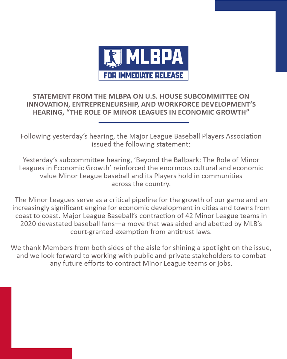 Statement from the MLBPA on U.S. House Subcommittee on Innovation, Entrepreneurship, and Workforce Development’s Hearing, “The Role of Minor Leagues in Economic Growth”