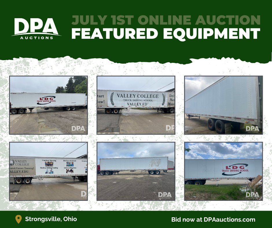 🗓️ July 1st Online Auction

📍 Strongsville, Ohio

🟢 2013 Great Dane Van Trailer
View Listing: bit.ly/45QUCI1

🟢 2004 Great Dane Van Trailer
🟢 1997 Fruehauf Van Trailer
🟢 (2) 2007 Utility Van Trailers
🟢 2016 Hyundai Van Trailer
View Listings: bit.ly/4e4AfcI