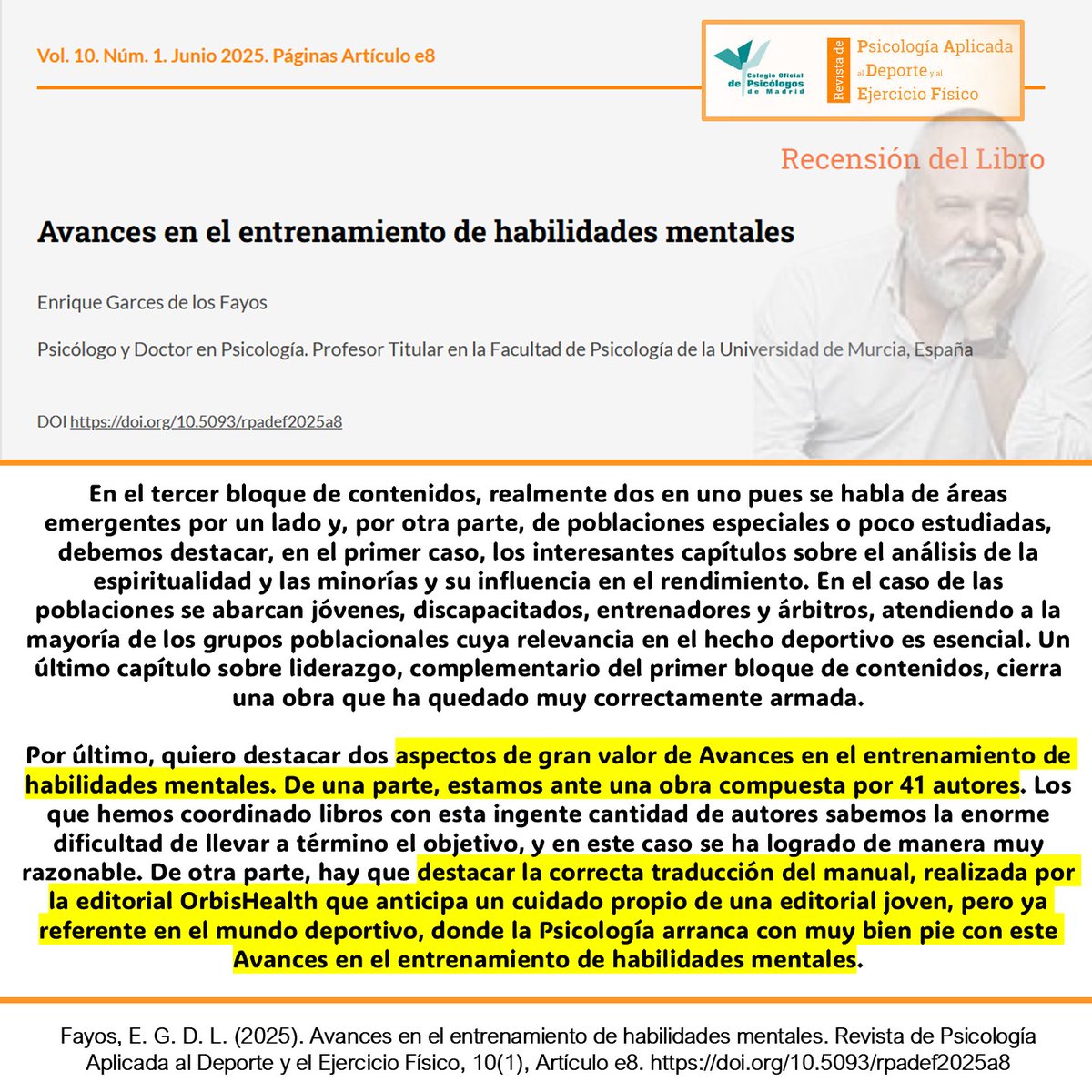 OrbisHealth (@manuorbishealth) on Twitter photo 👏 Comparto con vosotros que uno de los libros publicados por nuestra editorial ha sido reseñado en la prestigiosa Revista de Psicología Aplicada al Deporte y el Ejercicio Físico (RPADEF), que dirige <a href="/Alejo_GNaveira/">Alejo Garcia-Naveira</a>
✍️ Autor de la recensión: Enrique Garcés de los Fayos 👏 Comparto con vosotros que uno de los libros publicados por nuestra editorial ha sido reseñado en la prestigiosa Revista de Psicología Aplicada al Deporte y el Ejercicio Físico (RPADEF), que dirige <a href="/Alejo_GNaveira/">Alejo Garcia-Naveira</a>
✍️ Autor de la recensión: Enrique Garcés de los Fayos