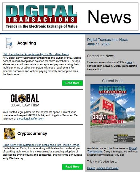 Today's Digital Transactions News: PNC’s Mobile Accept for Small Merchants; Circle Allies with Matera; BofA’s RTP Values Take Off
Click to read: buff.ly/an7zKwJ 
#payments #smallbusiness #PNC #PNCMobileAccept #paymentacceptance #acquiring #cryptocurrency #Circle #Matera