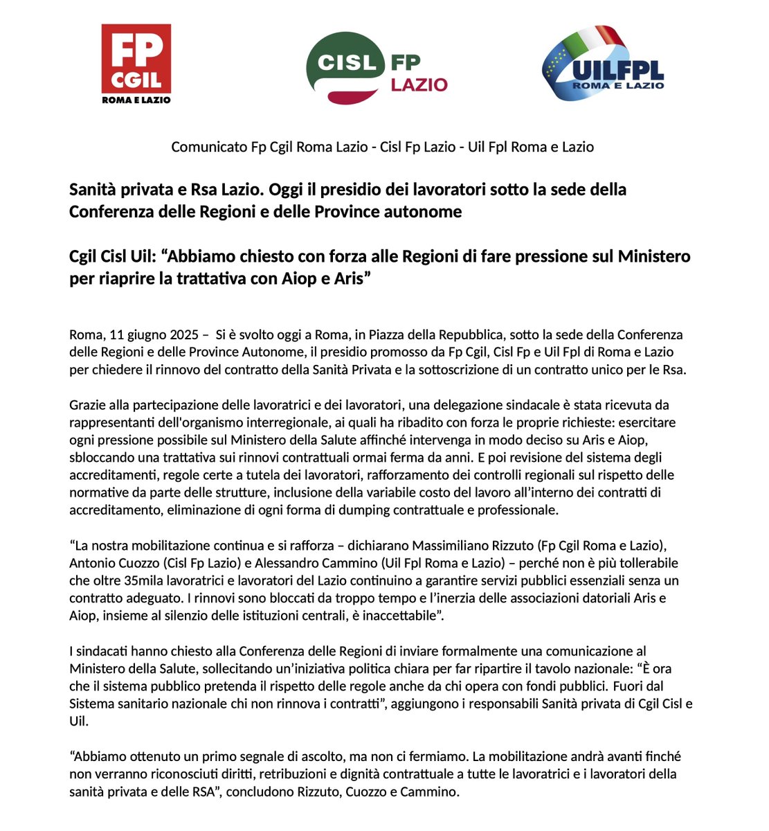 cisl_fplazio's tweet photo. #SanitàPrivata e #Rsa #Lazio. Oggi il #presidio dei #lavoratori sotto la sede della Conferenza delle #Regioni. #CgilCislUil: Chiesto con forza alle Regioni di fare pressione sul @MinisteroSalute per riaprire la #trattativa con #Aiop e #Aris sul #ContrattoSubito

#ilmiolavorovale https://t.co/N2xzBZc5CF