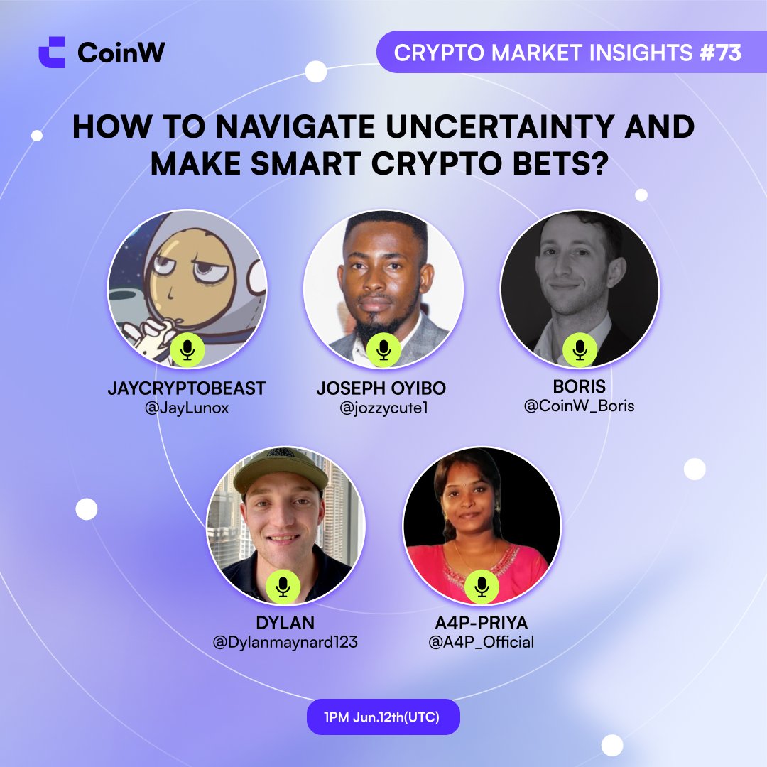 CoinW (@coinwofficial) on Twitter photo #CoinW #Crypto Market Insights (Ep.73)
โญ๏ธ Guests: <a href="/A4P_Official/">A4P-PRIYA</a>, <a href="/CoinW_Boris/">CryptoKnight</a>, <a href="/JayLunox/">JayTheCryptoBeast</a>, <a href="/Dylanmaynard23/">Dylan Maynard</a>, <a href="/jozzycute1/">Oyibo Joseph</a>
๐
June 12, 1 PM UTC
Drop your UID here (bit.ly/4n254CQ) during the stream. $50 bonus for 3 winners! #CoinW #Crypto Market Insights (Ep.73)
โญ๏ธ Guests: <a href="/A4P_Official/">A4P-PRIYA</a>, <a href="/CoinW_Boris/">CryptoKnight</a>, <a href="/JayLunox/">JayTheCryptoBeast</a>, <a href="/Dylanmaynard23/">Dylan Maynard</a>, <a href="/jozzycute1/">Oyibo Joseph</a>
๐
June 12, 1 PM UTC
Drop your UID here (bit.ly/4n254CQ) during the stream. $50 bonus for 3 winners!