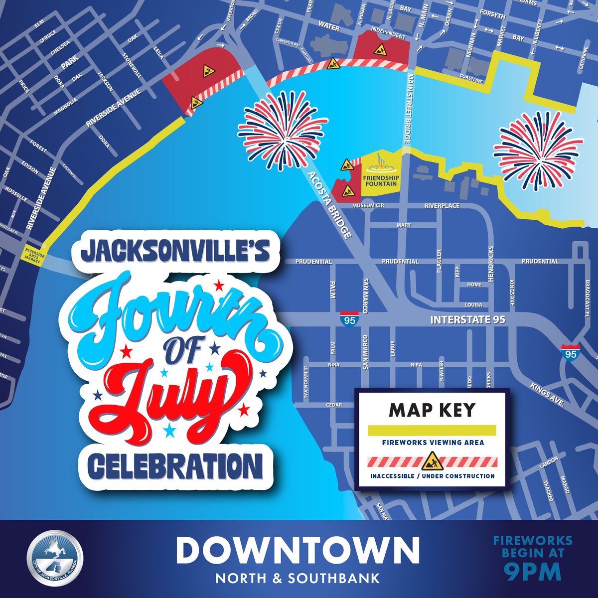 Here is the official map for Jacksonville’s 4th of July Fireworks Celebration! Join us Downtown as we celebrate Independance Day together.  
 
<a href="/jaxparks/">JaxParks</a>' Festivities at Friendship Fountain will begin at 6:00PM and fireworks will launch at 9:00PM.
