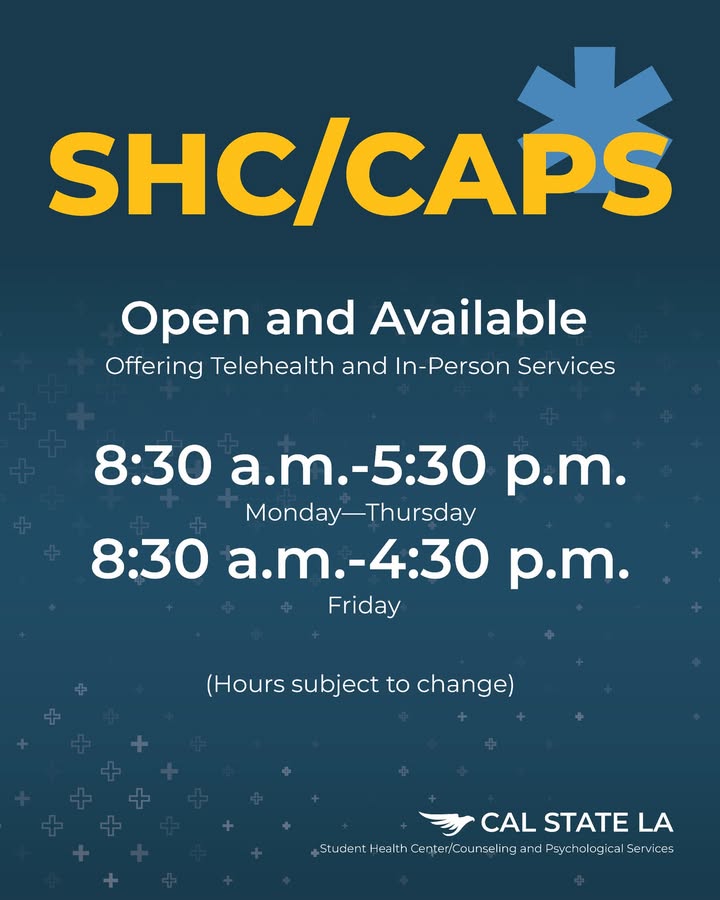 CalStateLA's tweet image. The Student Health Center including CAPS is open and offering telehealth and in-person services.
Students enrolled in summer courses and those who attended classes in spring 2025 and pay the SHC Summer Health Fee ($14.12) may make appointments.
Visit: bit.ly/3FQSfui