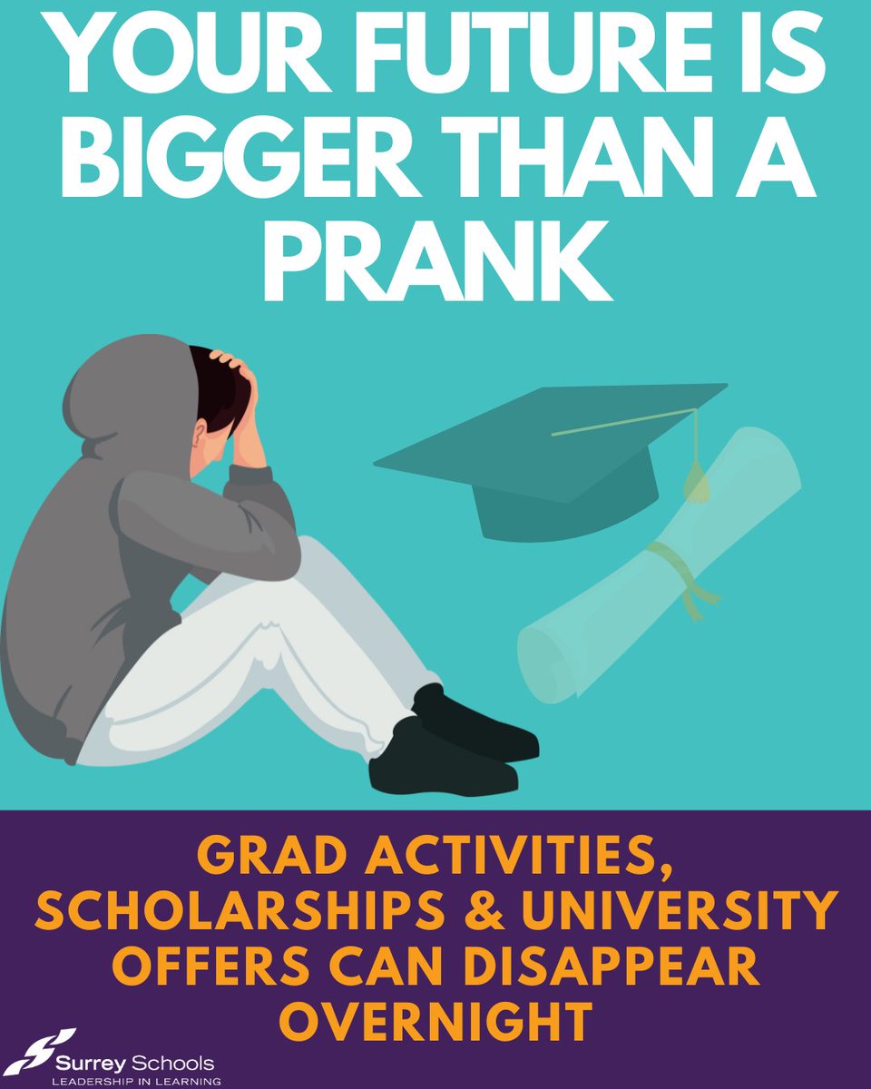 Just a prank? 🤔

Not if it costs you your:
🎉 Grad events
💰 Scholarships
📬 University acceptance
🎓 Your future matters — make smart choices this grad season

#SurreyBC #SurreySchools #WhiteRockBC #SD36learn