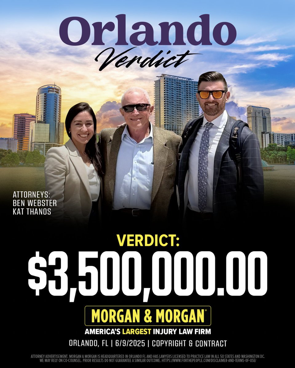 Attorneys Ben Webster and Kat Thanos received a $3,500,000 verdict for our client in Orlando.

One case can change everything. That’s why we don’t quit. 💼 #ForThePeople
