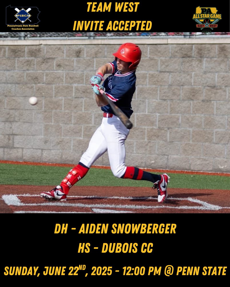Pennsylvania State Baseball Coaches Association (@pabasecoaches) on Twitter photo INVITE ACCEPTED ✅
Introducing Aiden Snowberger, a DH from DuBois CC that will be playing for Team West in this year's East vs West game!
<a href="/aidensnowy1/">Aiden Snowberger</a>
<a href="/AthleticsDcc/">DCC Athletics</a> INVITE ACCEPTED ✅
Introducing Aiden Snowberger, a DH from DuBois CC that will be playing for Team West in this year's East vs West game!
<a href="/aidensnowy1/">Aiden Snowberger</a>
<a href="/AthleticsDcc/">DCC Athletics</a>