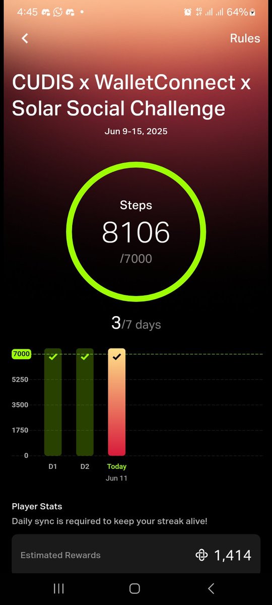 Vintagxx_97733's tweet photo. Joining the @CudisWellness x @WalletConnect x Solar Social Challenge has been amazing!
I've been hitting my 7,000 daily steps since June 9th, and the app makes tracking so easy. Hope to be one of the lucky winners!
#CUDISChallenge #WalletConnect #SolarSocial https://t.co/WzcGdYJ4Te