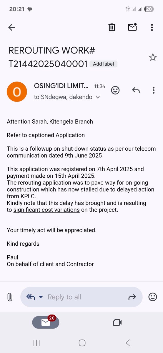 KabuchiMbaya's tweet photo. @KenyaPower_Care Application reference  T21442025040001

Applied for rerouting,  issued with quotation and paid on 15/4/25. Since then no action has been taken despite several follow ups at kitengela branch. Our construction project has stalled as a result. Incurring huge cost  variations. https://t.co/OcWGQ93gV0