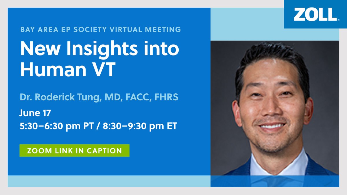 ZOLL Cardiac Management Solutions (@zoll_cms) on Twitter photo Next Week: Join the Bay Area EP Society Virtual Meeting -- <a href="/DrRoderickTung/">Roderick Tung</a>, MD, FACC, FHRS, presents ""New Insights into Human VT.""
๐
Mark your calendar now for next Tuesday, June 17, at 5:30โ6:30 pm PT.
๐ Join via Zoom: zollcms.com/448AWOx Next Week: Join the Bay Area EP Society Virtual Meeting -- <a href="/DrRoderickTung/">Roderick Tung</a>, MD, FACC, FHRS, presents ""New Insights into Human VT.""
๐
Mark your calendar now for next Tuesday, June 17, at 5:30โ6:30 pm PT.
๐ Join via Zoom: zollcms.com/448AWOx