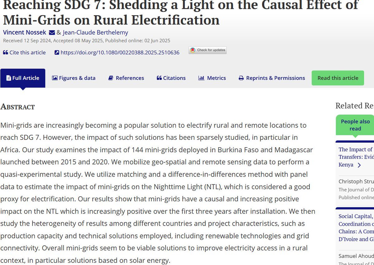 JDevStudies's tweet image. ⚡ Can mini-grids expand rural electrification?
@NossekVincent & Jean-Claude Berthelemy study 144 projects in 🇧🇫 & 🇲🇬 using geo-spatial data + Nighttime Lights as a proxy.
Result: clear gains in electricity access over 3 yrs.
Read more 👉🏽: doi.org/10.1080/002203…