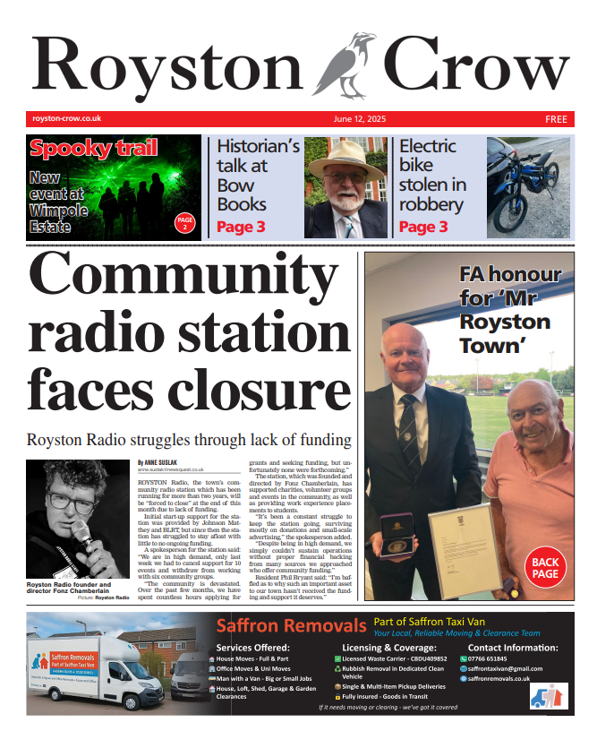 In tomorrow's Crow... 🐦‍⬛#TomorrowsPapersToday
📻Community radio station faces closure
⚽️FA honour for 'Mr Royston Town'
🚲Electric bike stolen in robbery
And more! Pick up your copy tomorrow