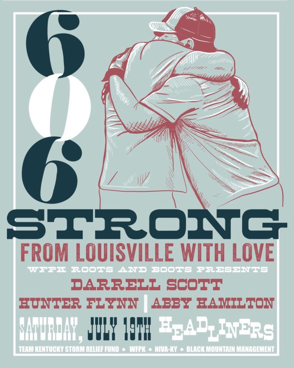 Headliners502's tweet image. JUST ANNOUNCED AN ON SALE! 91.9 @WFPK Roots n&apos; Boots Presents @darrellscott, Hunter Flynn, and Abby Hamilton: 606 Strong - From Louisville With Love Kentucky Tornado Relief Concert on July 19! Tix 🎟️ --&amp;gt; bit.ly/606strongHDL25

Proceeds to go to Team Kentucky Storm Relief Fund
