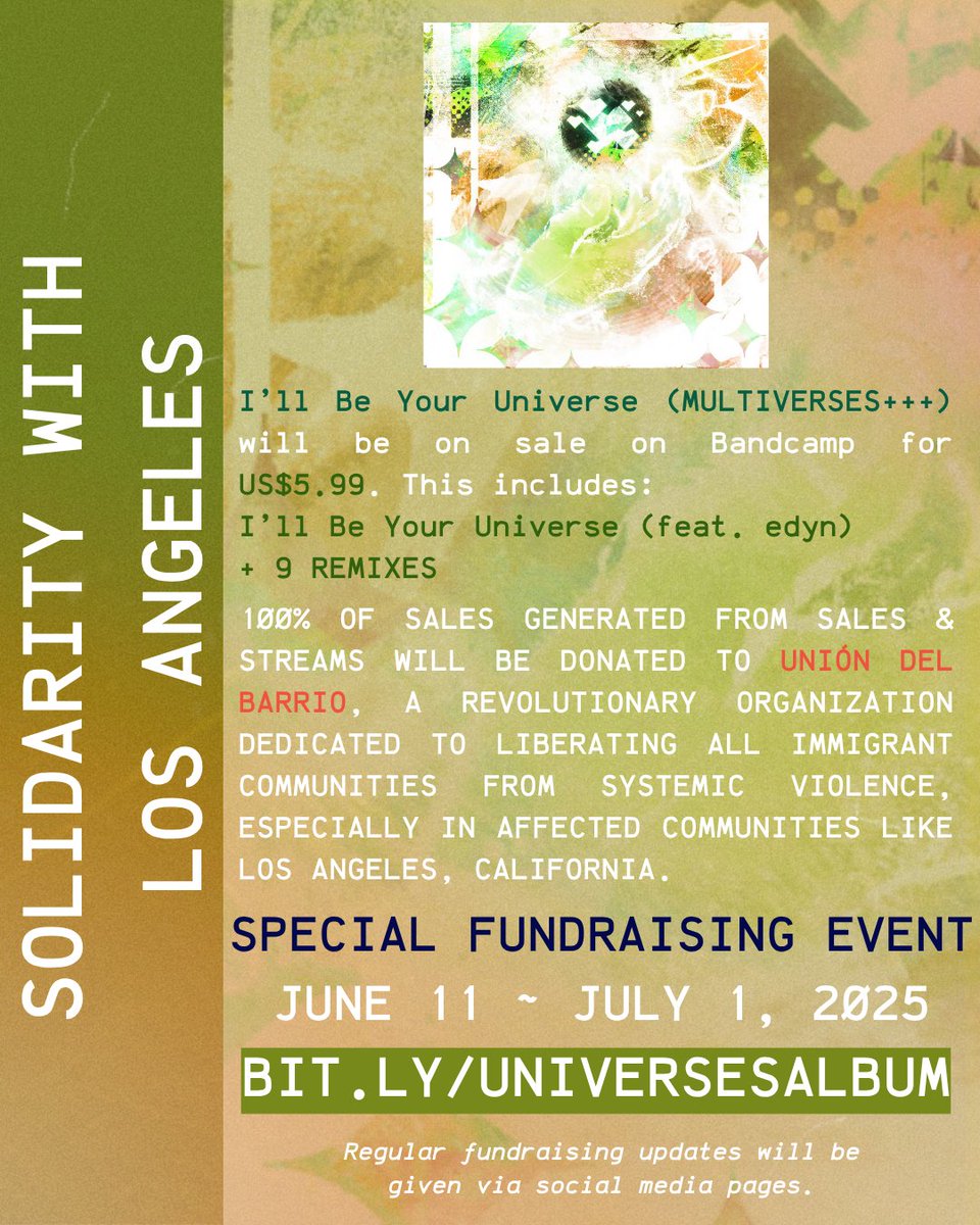 Lundy ➡️ EGTS2025 Quarterfinal NM1 (@lundydtm) on Twitter photo Want to support the work of artists while supporting the ongoing work of protestors in LA?
I'll Be Your Universe (MULTIVERSES+++) will be available on Bandcamp at a special price of $5.99.
Money from your purchase goes DIRECTLY to <a href="/UniondelBarrio/">Unión del Barrio</a>
bit.ly/universesalbum Want to support the work of artists while supporting the ongoing work of protestors in LA?
I'll Be Your Universe (MULTIVERSES+++) will be available on Bandcamp at a special price of $5.99.
Money from your purchase goes DIRECTLY to <a href="/UniondelBarrio/">Unión del Barrio</a>
bit.ly/universesalbum