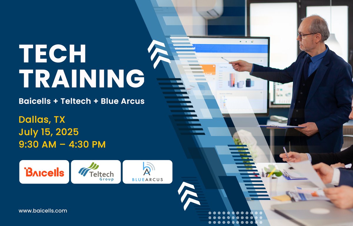Don’t forget to sign up!

Join us for an in person 1-Day Tech Training with Teltech and Blue Arcus on July 15 in Dallas, TX.
-Hands-on learning
-Industry insights

Space is limited—secure your spot now!
hubs.li/Q03rx2gh0

#TechTraining  #Baicells #BlueArcus #Teltech