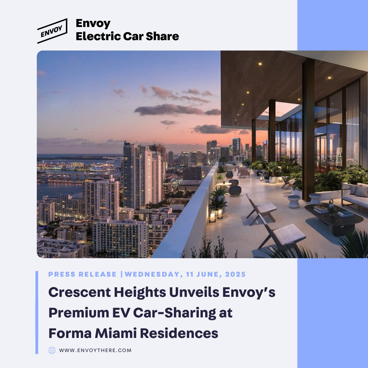 📣 #CrescentHeights Unveils Envoy's Premium EV Car-Sharing at #FormaMiami Residences. The announcement marks Envoy's first collaboration with the national real estate brand and represents Envoy's expansion in the #SouthFlorida market

Full press release 🔗 hubs.ly/Q03rCVHD0
