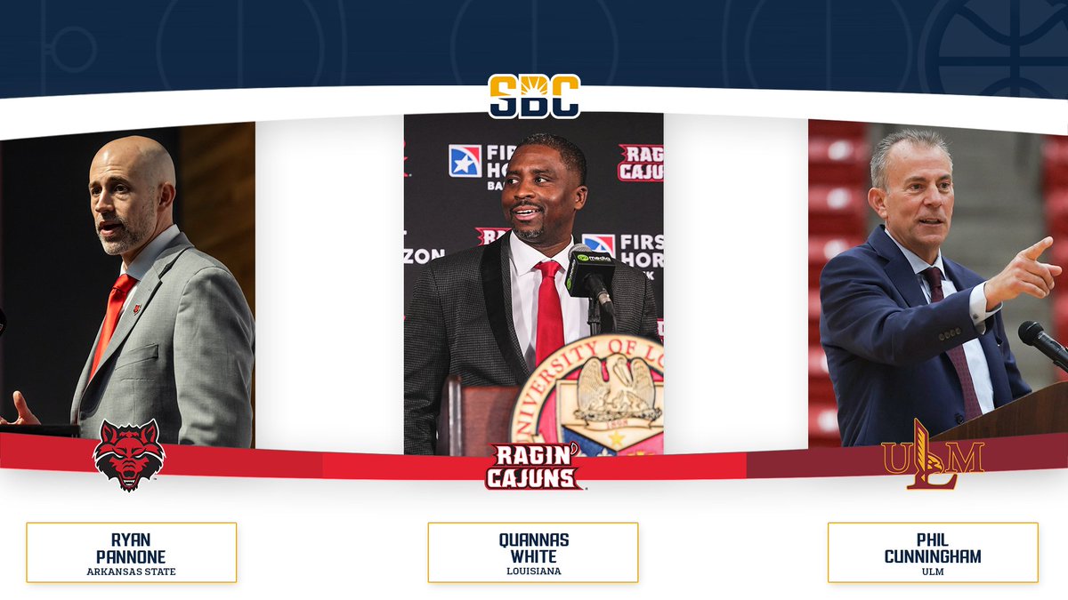 Sun Belt (@sunbelt) on Twitter photo 𝗡𝗘𝗪 𝗧𝗥𝗜𝗢.
#SunBeltMBB welcomes three new head coaches for the 2025-26 season including Ryan Pannone at <a href="/AStateMB/">Arkansas State Men’s Basketball</a>, Quannas White at <a href="/RaginCajunsMBB/">Louisiana Ragin’ Cajuns® Men's Basketball</a> and Phil Cunningham at <a href="/ULM_MBB/">ULM Men's Basketball</a>. ☀️🏀
📰 » sunbelt.me/4kQfDqs 𝗡𝗘𝗪 𝗧𝗥𝗜𝗢.
#SunBeltMBB welcomes three new head coaches for the 2025-26 season including Ryan Pannone at <a href="/AStateMB/">Arkansas State Men’s Basketball</a>, Quannas White at <a href="/RaginCajunsMBB/">Louisiana Ragin’ Cajuns® Men's Basketball</a> and Phil Cunningham at <a href="/ULM_MBB/">ULM Men's Basketball</a>. ☀️🏀
📰 » sunbelt.me/4kQfDqs