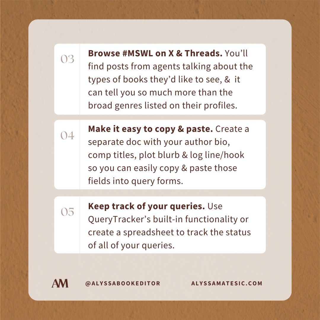 AlyssaMatesic's tweet photo. Just about every author who has been through the query trenches will agree: frankly, it sucks.

So here are seven querying hacks to make the process a LOT smoother — and give you back hours of precious time that you could be spending on your next story. https://t.co/C1fRme2bRP