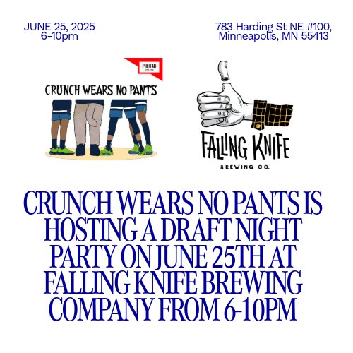 DRAFT NIGHT PARTY AT @FALLINGKNIFEBC  

JUNE 25, 2025 FROM 6-10PM

• LIVE SHOW FROM @NOPANTSCRUNCH
• FOOD FROM WRECKTANGLE PIZZA
• POP UP SHOP FROM @SGLAMBCHOPS
• GIVEAWAYS
• DJ SETS BY @TORNADOJALLY DURING COMMERCIALS 
• AND MORE!

SEE YA THERE GANG