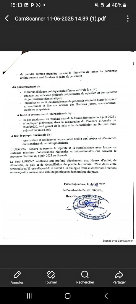 Communiqué de <a href="/UPRONA__1961/">Parti UPRONA</a> consécutif au déroulement du double scrutin du 5 juin 2025,signé par le Président du parti Hon. <a href="/nkurunziza_com/">nkurunziza olivier</a>.
<a href="/NtareHouse/">Ntare Rushatsi House</a> 
<a href="/GeneralNeva/">SE Evariste Ndayishimiye</a> 
<a href="/CeniBurundi/">Commission Electorale Nationale Indépendante</a> 
<a href="/_AfricanUnion/">African Union</a> 
<a href="/jumuiya/">East African Community</a>