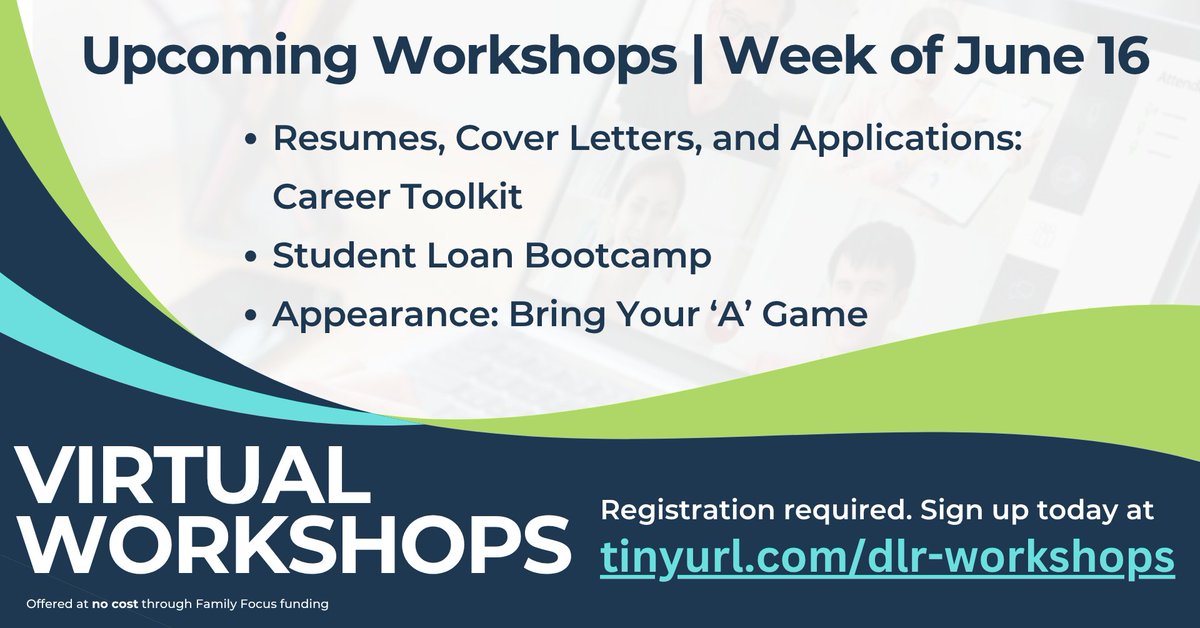 Looking for info on resumes, student loans, or how to make a great impression at work? We’ve got you. 

Join our free online workshops the week of June 16.

➡️ Sign up here: tinyurl.com/dlr-workshops