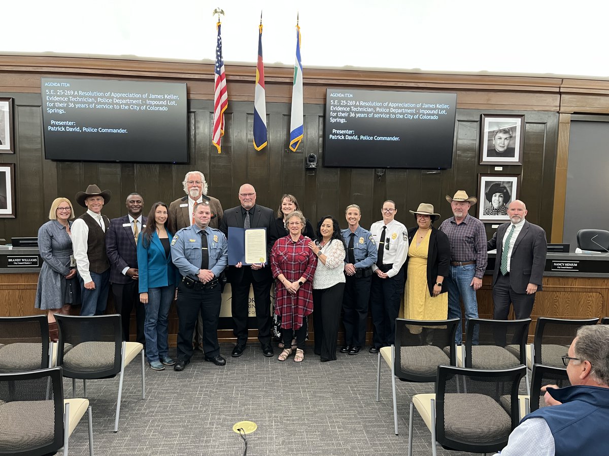 Colorado Springs City Council (@coscitycouncil) on Twitter photo At yesterday's City Council meeting, we honored two longtime, outstanding City employees on their retirements! Maria worked for the City for 31 years and James worked for the Colorado Springs Police Department for 36 years! Thank you so much for your service to the <a href="/CityofCOS/">City of Colorado Springs</a>! At yesterday's City Council meeting, we honored two longtime, outstanding City employees on their retirements! Maria worked for the City for 31 years and James worked for the Colorado Springs Police Department for 36 years! Thank you so much for your service to the <a href="/CityofCOS/">City of Colorado Springs</a>!