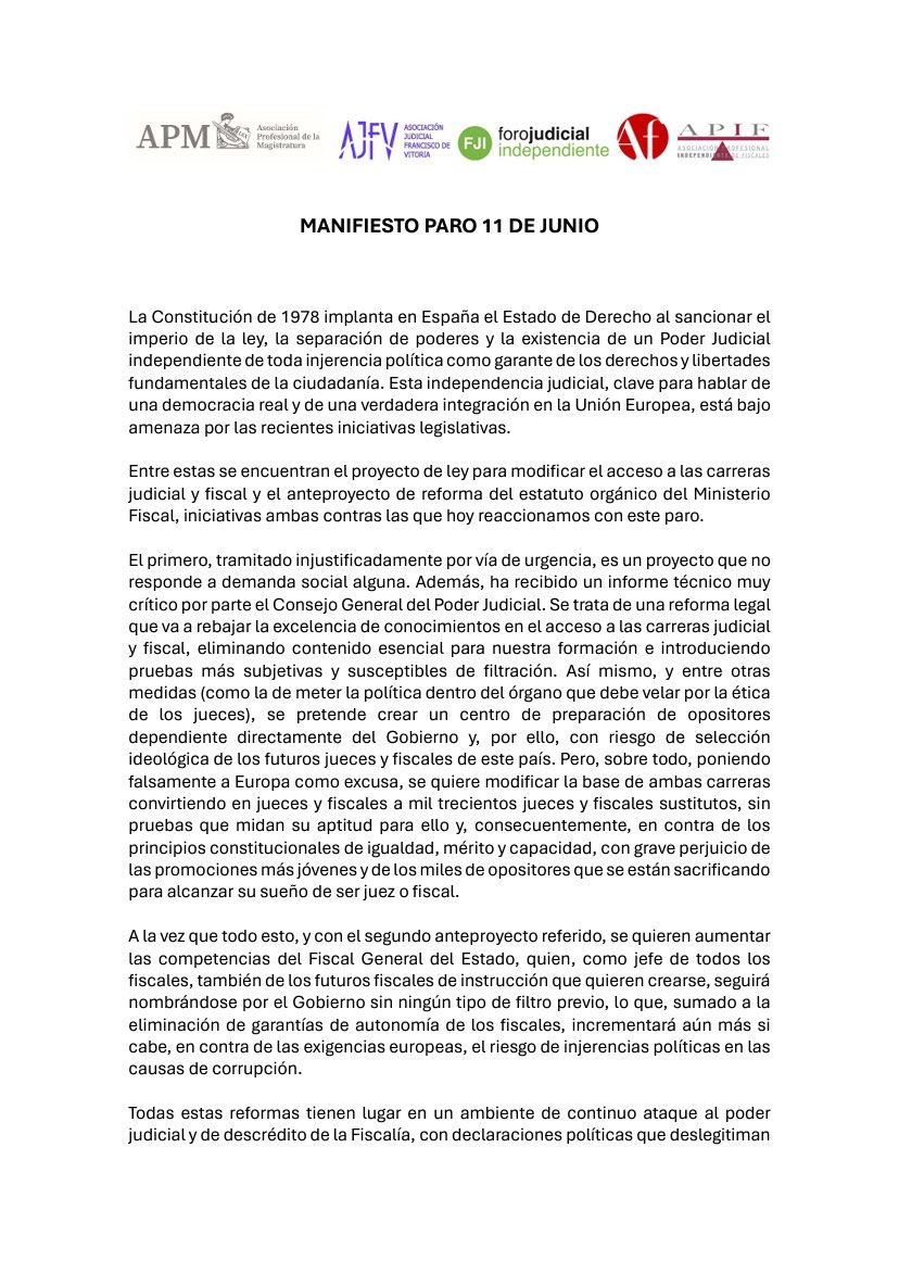 liberiudiciorum's tweet photo. MANIFIESTO DEL 11 DE JUNIO
«Y es que la existencia de un poder judicial fuerte e independiente no es un derecho de los jueces, es una garantía de todos, como lo es tener una Fiscalía imparcial y autónoma» https://t.co/JYqmjKT58Y