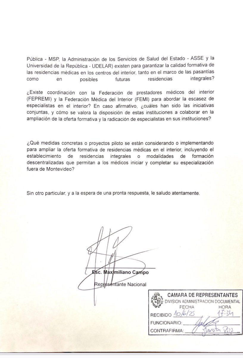 Presente un pedido de informe a la Facultad de Medicina de la UDELAR. 

Cuál es la justificación del cupo que se genera para las residencias (especialización de los médicos)? 

Hay una estrategia nacional? Se toma en cuenta las necesidades del territorio? 

Por ejemplo en