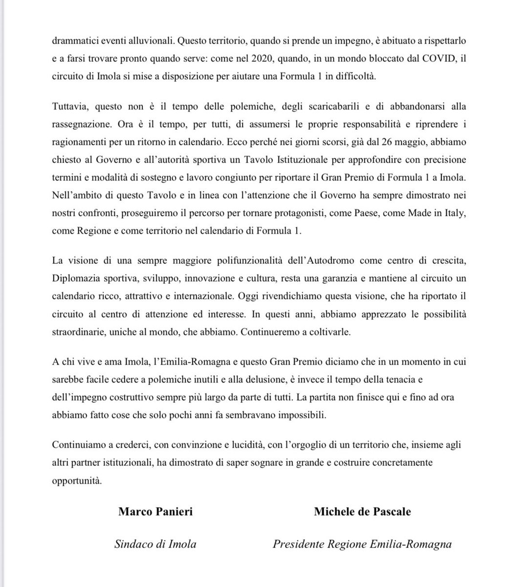 Marco Panieri (@marcopanieri) on Twitter photo La dichiarazione mia e del Presidente <a href="/RegioneER/">Regione Emilia-Romagna</a> Michele de Pascale sulla pubblicazione del calendario #Formula1 2026.
Questa notizia non rappresenta affatto la parola fine. #Imola #ImolaGP #F1 La dichiarazione mia e del Presidente <a href="/RegioneER/">Regione Emilia-Romagna</a> Michele de Pascale sulla pubblicazione del calendario #Formula1 2026.
Questa notizia non rappresenta affatto la parola fine. #Imola #ImolaGP #F1