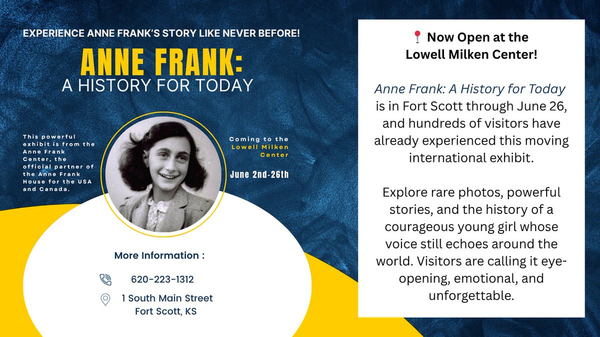 🕰 Open now through June 26
Mon–Fri: 10am–5pm | Sat: 10am–4pm 
Closed Sunday
📍 1 S. Main Street, Fort Scott, KS
🎟 Free admission
Special thanks to Megan Helberg, 2021 LMC Fellow and Program Coordinator at the Anne Frank Center, for bringing this remarkable exhibit to the LMC!